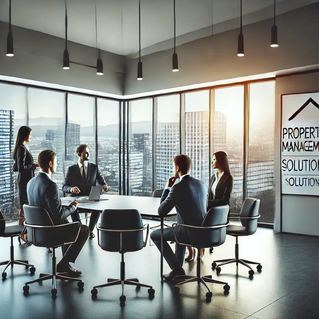 Modern property management office in Scotland, professionals discussing property management solutions in a sleek office setting.